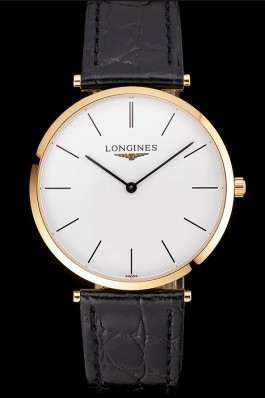 Swiss Longines Grande Classique White Dial Gold Case Black Leather Strap Longines Replica Watch