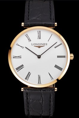 Swiss Longines Grande Classique White Dial Roman Numerals Gold Case Black Leather Strap Longines Replica Watch