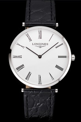Swiss Longines Grande Classique White Dial Roman Numerals Stainless Steel Case Black Leather Strap Longines Replica Watch