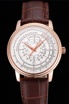 Swiss Patek Philippe Multi-Scale Chronograph White Dial Rose Gold Case Brown Leather Strap Fake Patek Philippe