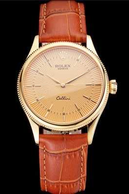 Swiss Rolex Cellini Gold Dial And Markings Gold Case Light Brown Leather Strap Replica Rolex