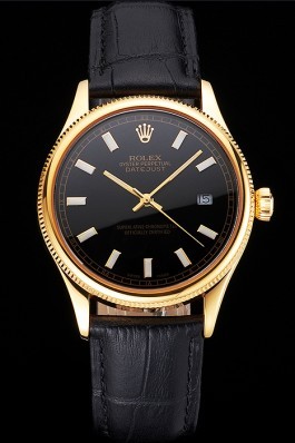Swiss Rolex Datejust Black Dial Gold Case Black Leather Strap Replica Rolex Datejust