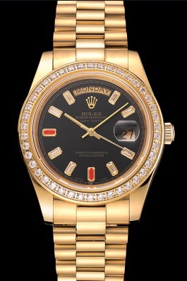 Swiss Rolex Day-Date Diamonds And Rubies Black Dial Gold Bracelet 1454101 Rolex Replica Aaa