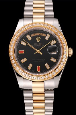 Swiss Rolex Day-Date Diamonds And Rubies Black Dial Two Tone Bracelet 1454105 Rolex Replica Aaa