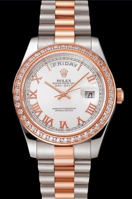 Swiss Rolex Day-Date Diamonds Bezel White Dial Rose Gold And Staineless Steel Bracelet 1454108 Rolex Replica Aaa