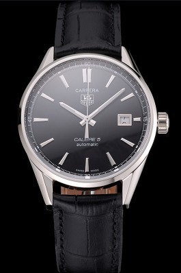 Swiss Tag Heuer Carrera Calibre 5 Black Dial Stainless Steel Case Black Leather Strap  Tag Heuer Replica