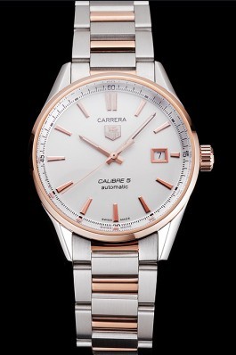 Swiss Tag Heuer Carrera Calibre 5 White Dial Rose Gold Case Two Tone Bracelet Tag Heuer Replica