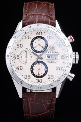 Tag Heuer Swiss Carrera Tachymeter Bezel Dark Brown Leather Strap White Dial Tag Heuer Replica