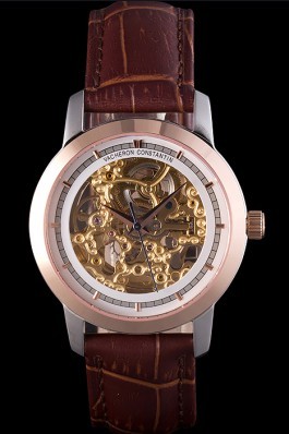 Vacheron Constantin White Skeleton Watch with Rose Gold Bezel and Brown Leather Strap 621539 Replica Vacheron Constantin