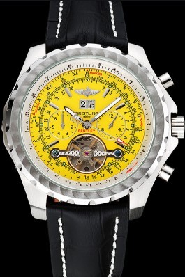 Breitling Bentley Mulliner Tourbillon Yellow Dial Stainless Steel Case Black Leather Strap 622730 Fake Breitling Bentley