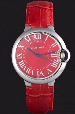 Cartier Ballon Bleu Silver Bezel with Red Dial and Red Leather Band 621556 Cartier Replica