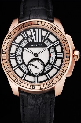 Cartier Calibre De Cartier Small Seconds Black And White Dial Rose Gold Case Black Leather Strap Cartier Replica