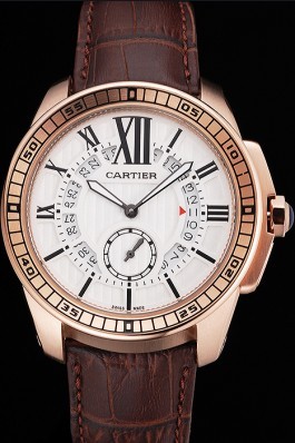 Cartier Calibre De Cartier Small Seconds White Dial Rose Gold Case Brown Leather Strap Cartier Replica