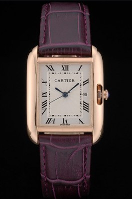 Cartier Tank Anglaise 30mm White Dial Gold Case Purple Leather Bracelet Cartier Replica