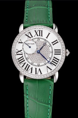 Cartier Ronde Louis Silver Diamond Case White Dial Green Leather Bracelet 1454012 Cartier Replica