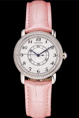 Cartier Ronde White Dial Diamond Bezel Stainless Steel Case Pink Leather Strap Cartier Replica