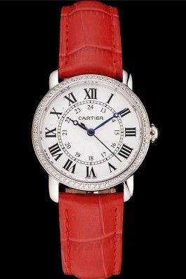 Cartier Ronde White Dial Diamond Bezel Stainless Steel Case Red Leather Strap Cartier Replica