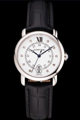 Cartier Ronde White Dial Diamond Hour Marks Stainless Steel Case Black Leather Strap Cartier Replica