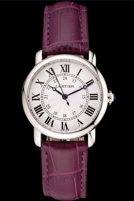 Cartier Ronde White Dial Stainless Steel Case Purple Leather Strap Cartier Replica