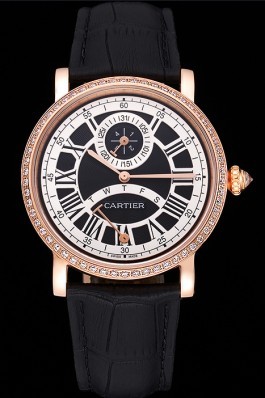 Cartier Rotonde Black And White Dial Gold Case With Jewels Black Leather Strap 622758 Cartier Replica
