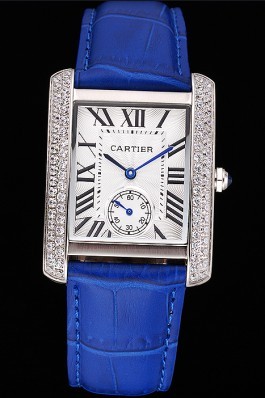 Cartier Tank MC Stainless Steel Diamond Case White Dial Blue Leather Strap 622172 Cartier Replica