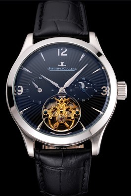 Jaeger LeCoultre Master Moonphase Tourbillon Black Dial Stainless Steel Case Black Leather Strap Le Coultre Watch