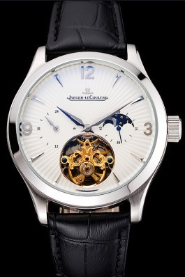 Jaeger LeCoultre Master Moonphase Tourbillon White Dial Stainless Steel Case Black Leather Strap Le Coultre Watch