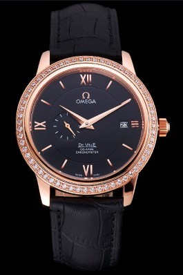 Omega De Ville Prestige Co-Axial Black Dial Rose Gold Diamond Case Black Leather Strap Roman Numeral Omega Replica Watch