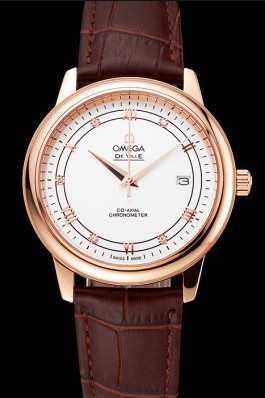 Omega De Ville Prestige White Dial Rose Gold Case Brown Leather Strap Omega Replica Watch