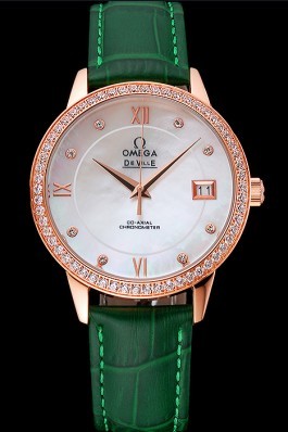 Omega DeVille Prestige Co-Axial Diamond Gold Case Mother-Of-Pearl Dial Green Leather Strap  Omega Replica Watch