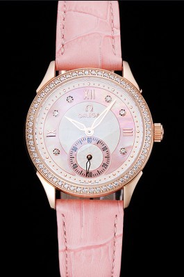 Omega DeVille Prestige Pink Dial Gold Diamond Case Pink Leather Bracelet 1454126 Omega Replica Watch
