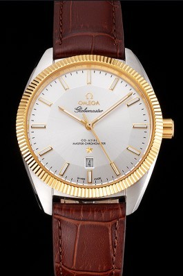 Omega Globemaster Silver Dial Gold Bezel Stainless Steel Case Brown Leather Strap Best Omega Replica