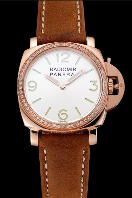 Panerai Radiomir White Dial Diamond Bezel Rose Gold Case Brown Suede Leather Strap 1453799 Panerai Replica Watch