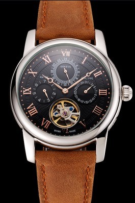 Patek Philippe Grand Complications Day Date Tourbillon Black Dial Rose Gold Numerals Stainless Steel Case Brown Suede Leather Strap 1453815 Fake Patek Philippe