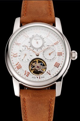 Patek Philippe Grand Complications Day Date Tourbillon White Dial Rose Gold Numerals Stainless Steel Case Brown Suede Leather Strap 1453818 Fake Patek Philippe