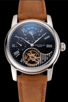 Patek Philippe Grand Complications GMT Moonphase Tourbillon Black Dial Stainless Steel Case Brown Suede Leather Strap 1453822 Fake Patek Philippe