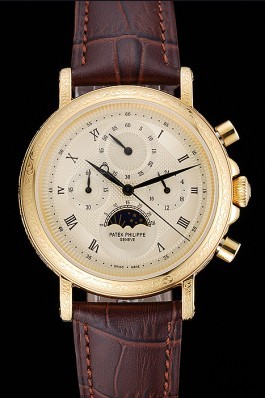Patek Philippe Grand Complications Gold Dial Engraved Gold Case Brown Leather Bracelet 1454141 Fake Patek Philippe