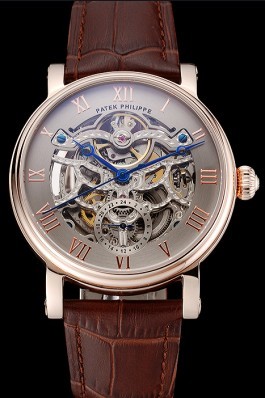 Patek Philippe Grand Complications Gray Skeleton Dial Rose Gold Case Brown Leather Strap 1453807 Fake Patek Philippe