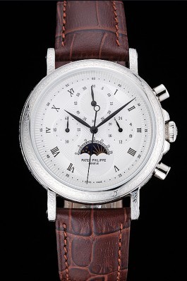 Patek Philippe Grand Complications White Dial Engraved Silver Case Brown Leather Bracelet 1454143 Fake Patek Philippe