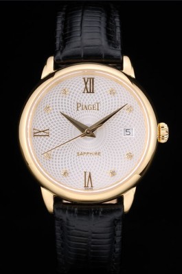 Replica Piaget Swiss Traditional White Radial Pattern Dial Black Leather Strap 7635