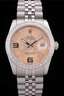 Rolex DateJust Brushed Stainless Steel Case Orange Flowers Dial Diamonds Plated Replica Rolex Datejust