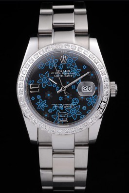 Rolex Datejust Polished Stainless Steel Dark Blue Flowers Dial Diamond Plated Replica Rolex Datejust