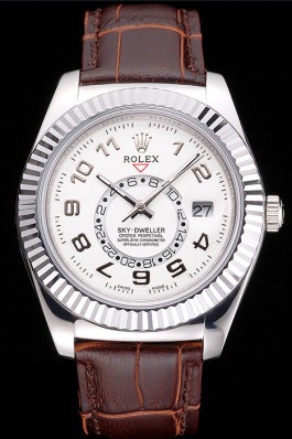 Rolex Sky Dweller White Dial Stainless Steel Case Brown Leather Strap Cheap Replica Rolex