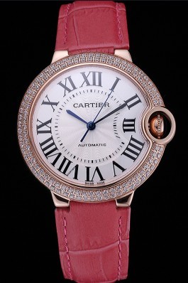 Swiss Cartier Ballon Bleu de Cartier White Dial Diamonds Case Pink Leather Bracelet 622553 Cartier Replica