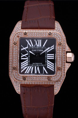 Swiss Cartier Santos Black Dial Diamonds Case Brown Leather Bracelet 622550 Cartier Replica