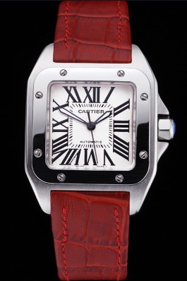 Swiss Cartier Santos White Dial Stainless Steel Case Red Leather Bracelet 622551 Cartier Replica