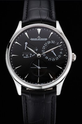 Swiss Jaeger LeCoultre Master Ultra Thin Reserve De Marche Black Dial Stainless Steel Case Black Leather Strap  Le Coultre Watch
