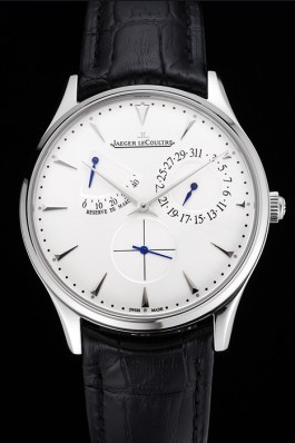 Swiss Jaeger LeCoultre Master Ultra Thin Reserve De Marche White Dial Stainless Steel Case Black Leather Strap Le Coultre Watch