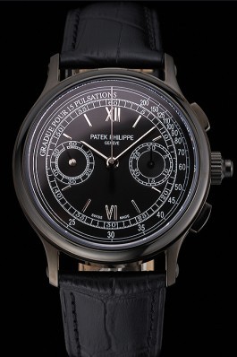 Swiss Patek Philippe 5170J Chronograph Black Dial Black Case Black Leather Strap Fake Patek Philippe