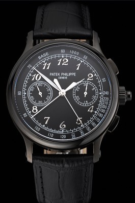 Swiss Patek Philippe Split Seconds Chronograph Black Dial Black Case Black Leather Strap Fake Patek Philippe